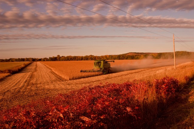 As fall races towards winter, this John Deere combine joins the race in trying to finish his harvest.